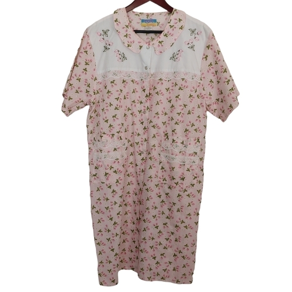 Carol Express Women’s Snap Button Embroidered Yoke Duster House Dress Pink - Picture 1 of 10